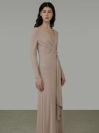 unspoken Lyocell V-neck High Waist Zip Longsleeve Pink Slim Knit Maxi Dresses