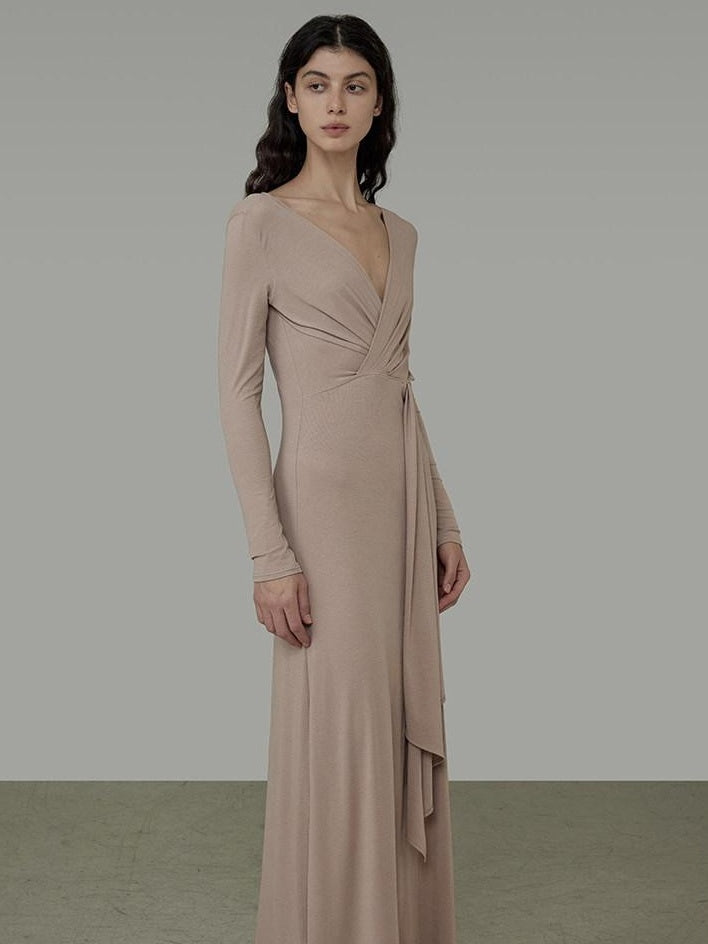unspoken Lyocell V-neck High Waist Zip Longsleeve Pink Slim Knit Maxi Dresses