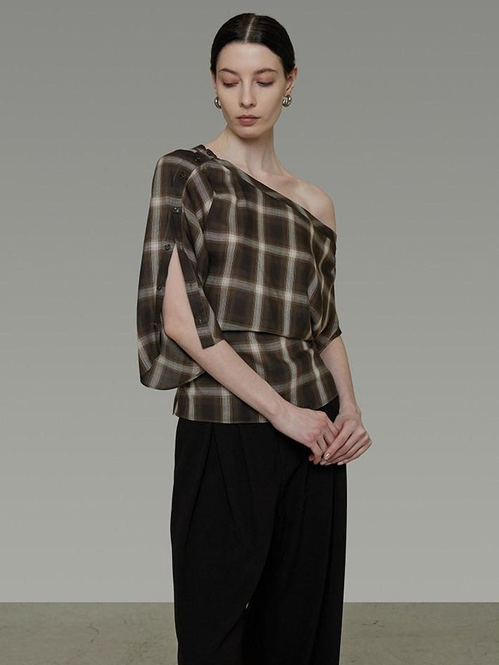 unspoken Breathable Viscose Slim Asymmetric Slant Neck Green Plaid Off Shoulder Crop Tops