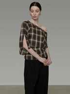 unspoken Breathable Viscose Slim Asymmetric Slant Neck Green Plaid Off Shoulder Crop Tops