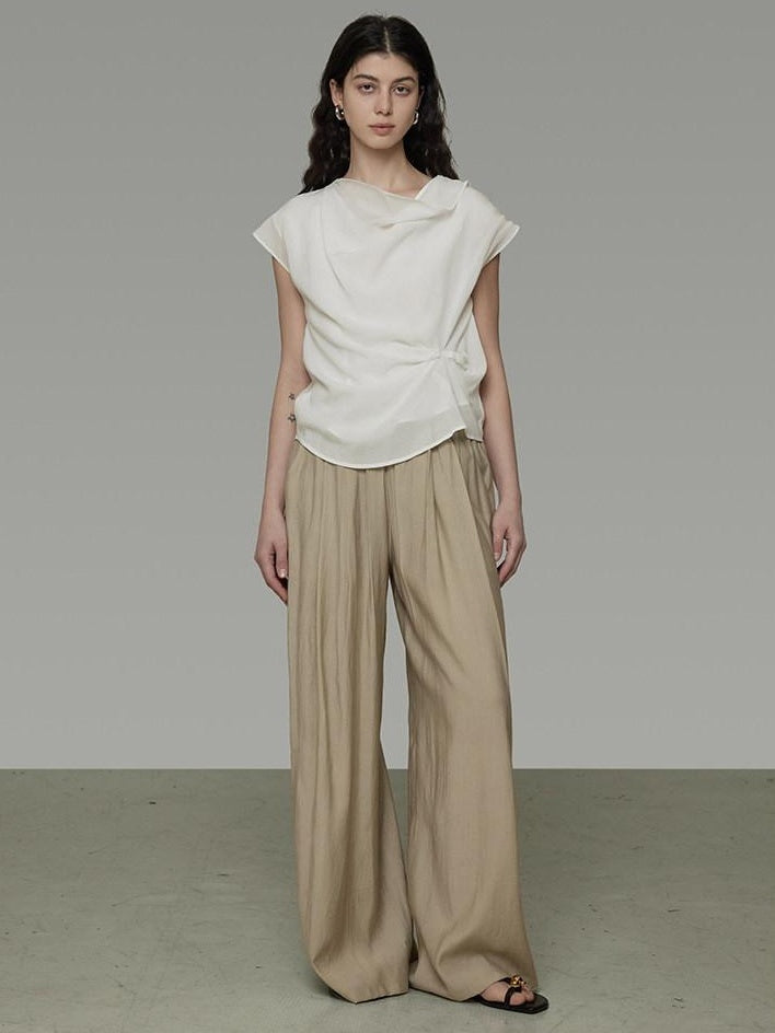 unspoken High Waist Pleated Elastic Workwear Khaki Viscose Wide Leg Pants
