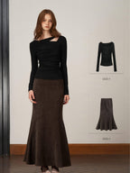someonesometimes Stretch Mid Rise Slim Mermaid Hem Workwear Solid Polyester Women Midi Skirts