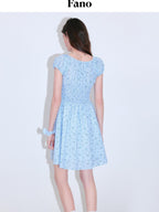 fano Sweet High Waist Puff Sleeve A Line Floral Square Neck Poly Cotton Midi Dresses