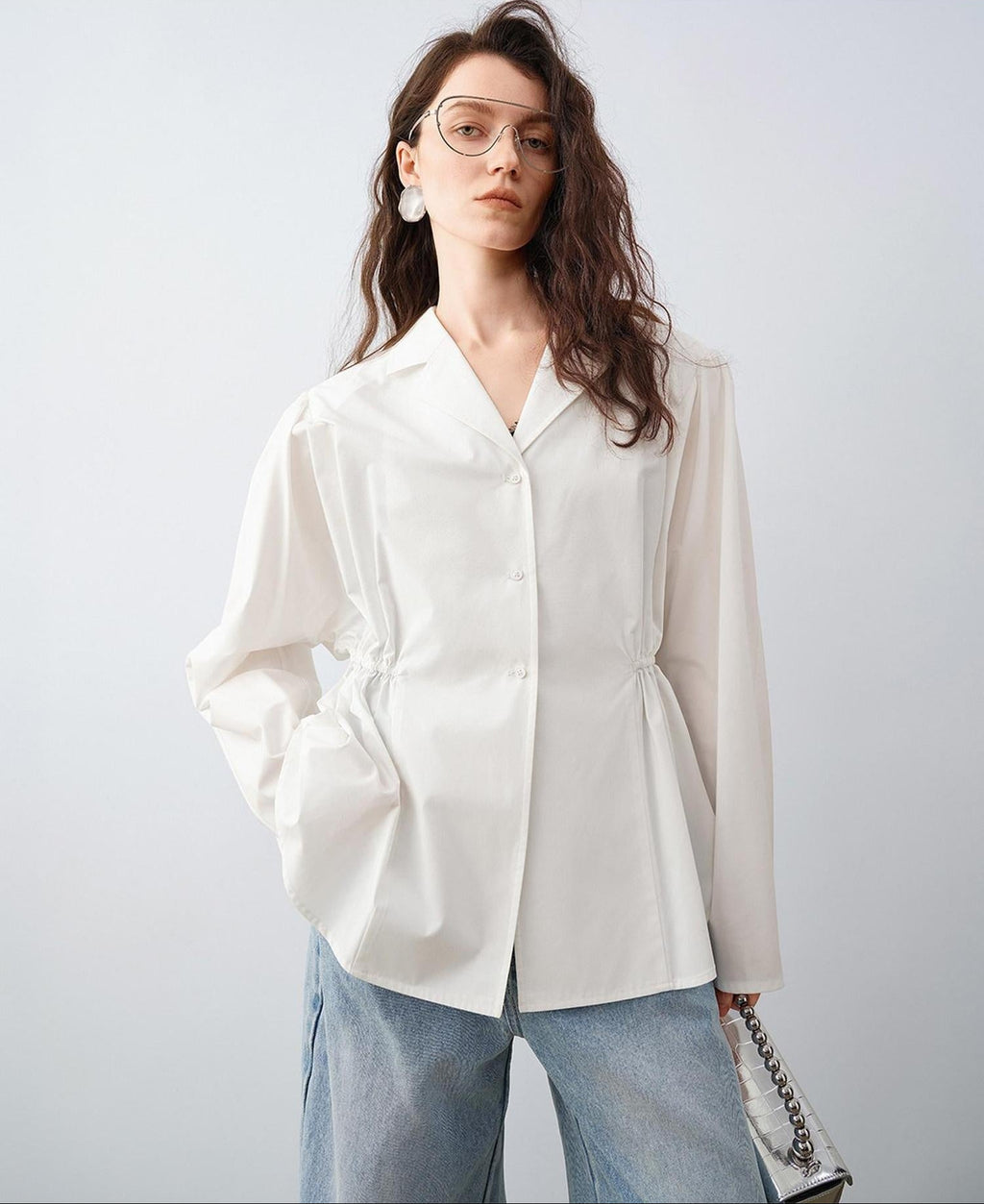 audreyyang Durable Viscose Slim Waist Casual Lapel Button Long Sleeve Blouses