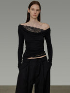 unspoken Lace Patchwork Off Shoulder Slim Fit Casual Knit Long Sleeve Black Blouses