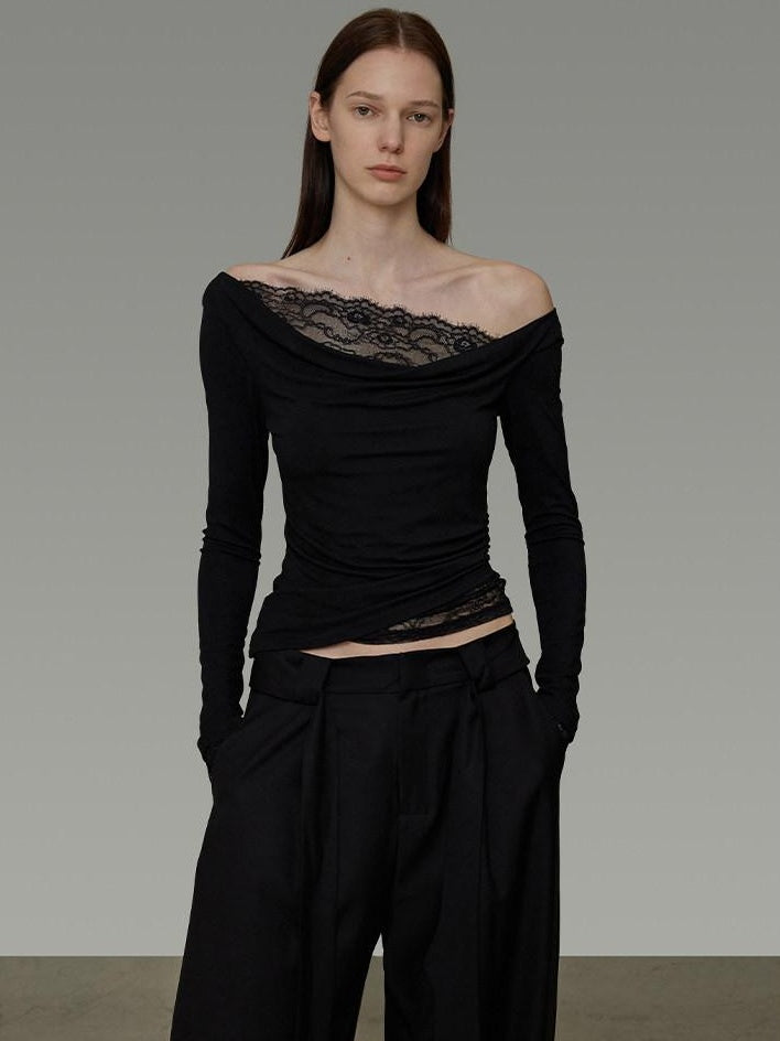 unspoken Lace Patchwork Off Shoulder Slim Fit Casual Knit Long Sleeve Black Blouses