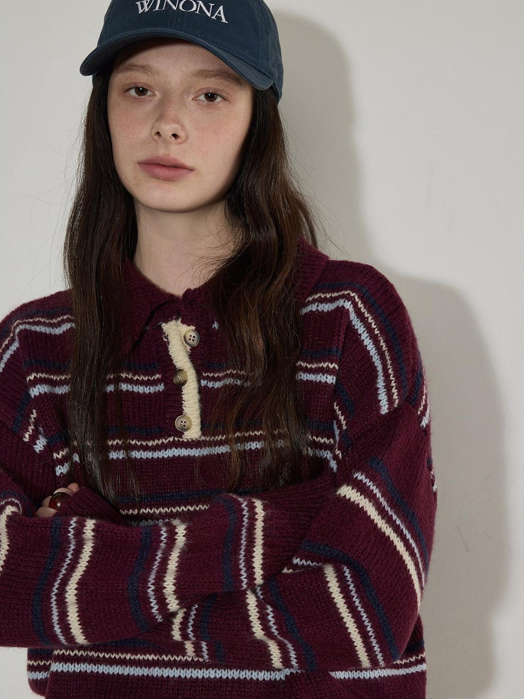 Lofi choose Cozy Colorblock Collared Oversized Striped Button Knit Pullover Women Sweaters