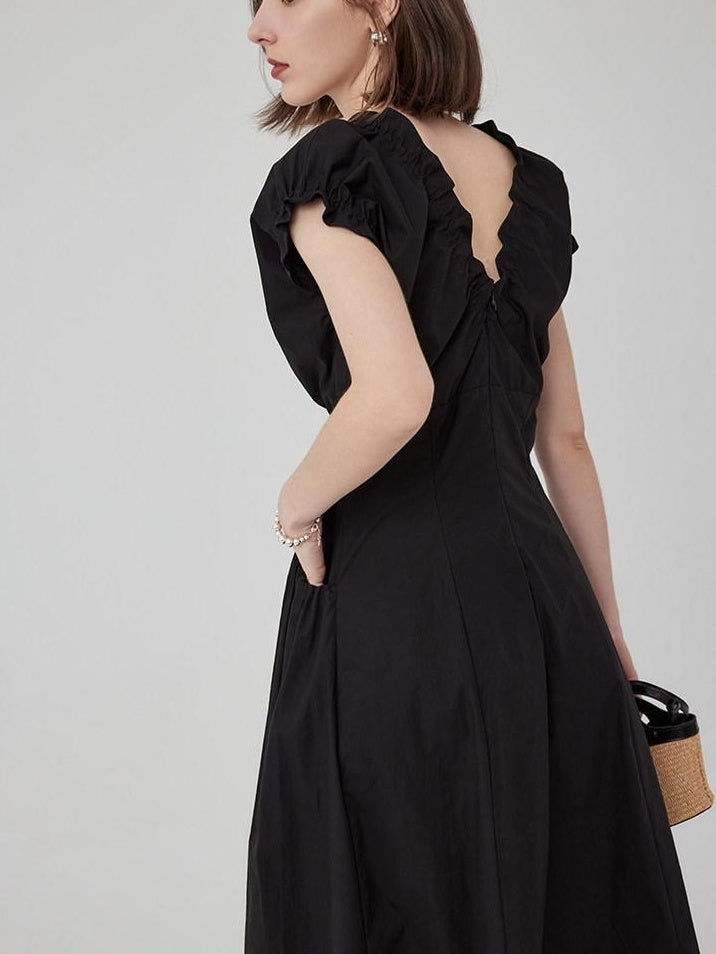 fano Pleated High Waist A Line V-neck Flutter Sleeves 100% Cotton Casual Maxi Dresses