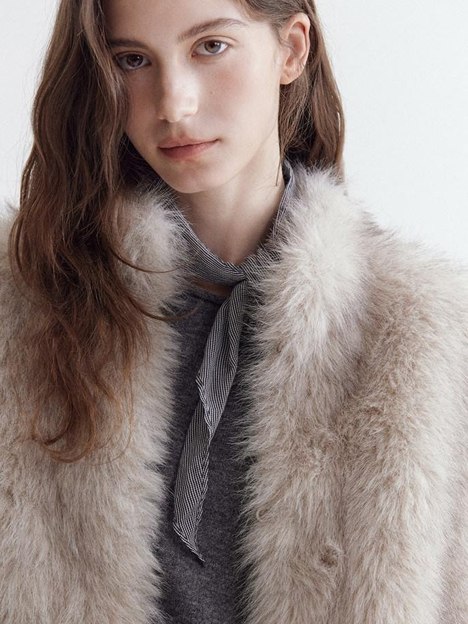 fano Warm Faux Fur Lined Oversized Stand Collar Casual Women Grey Apricot Short Coat