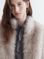 fano Warm Faux Fur Lined Oversized Stand Collar Casual Women Grey Apricot Short Coat