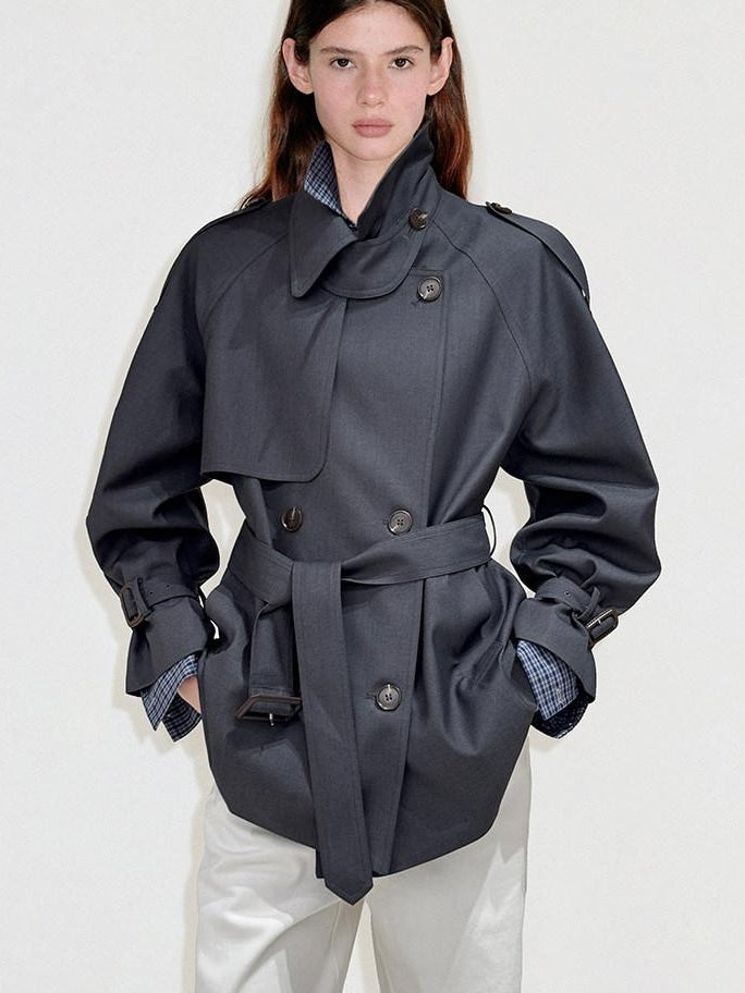 fano Double Breasted Button Front Minimal Commuter Straight Women Khaki Short Coat