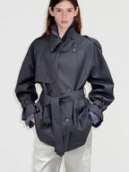 fano Double Breasted Button Front Minimal Commuter Straight Women Khaki Short Coat