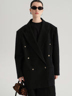 audreyyang Cotton Linen Blend Double Breasted Relaxed Casual Women Commuter Black Blazers