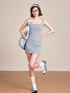 ikyou Slim Fit Cotton Spaghetti Strap Sleeveless Grey Casual Chic Midi Dresses