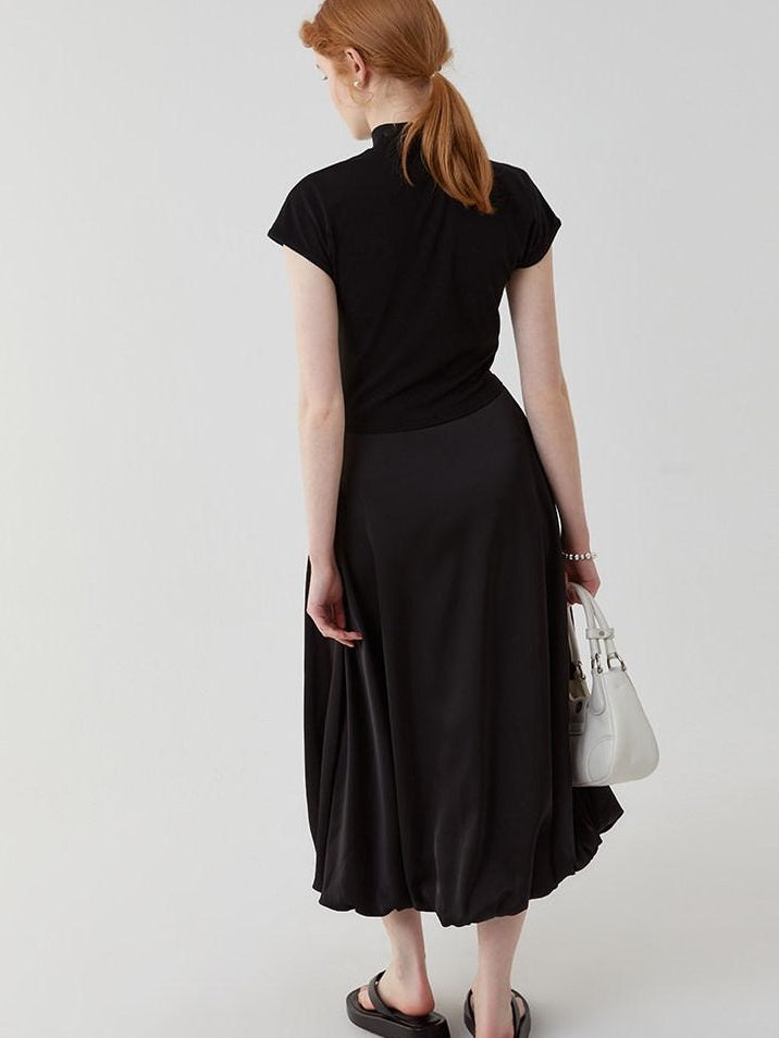 fano High Waist Minimalist Office A Line Short Sleeve Mock Neck Black Midi Dresses