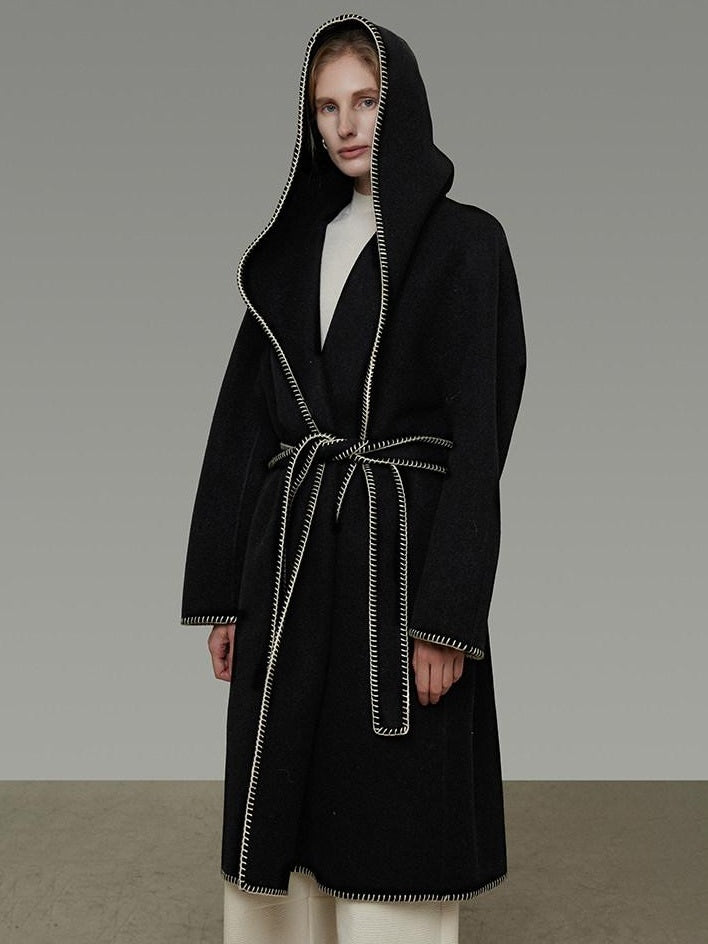 unspoken Cozy Minimalist Commuter Loose Hooded Midlength Women Black Tie Wool Coats