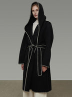unspoken Cozy Minimalist Commuter Loose Hooded Midlength Women Black Tie Wool Coats