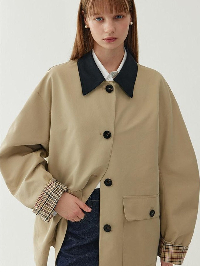 fano Khaki Black Contrast Short Cotton Blend Single Breasted Women Trench Coats