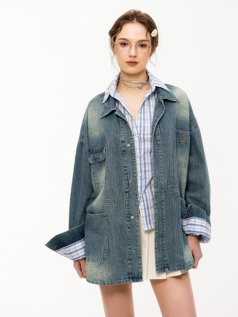 ikyou Shape Retaining Vintage Loose 3D Detail Women Midlength Blue Denim Jackets