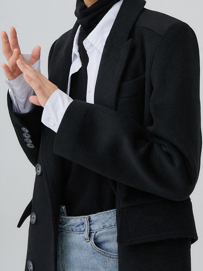 fano Thick Doublebreasted Blazer Collar Commuter Midlength Women Black Long Coats
