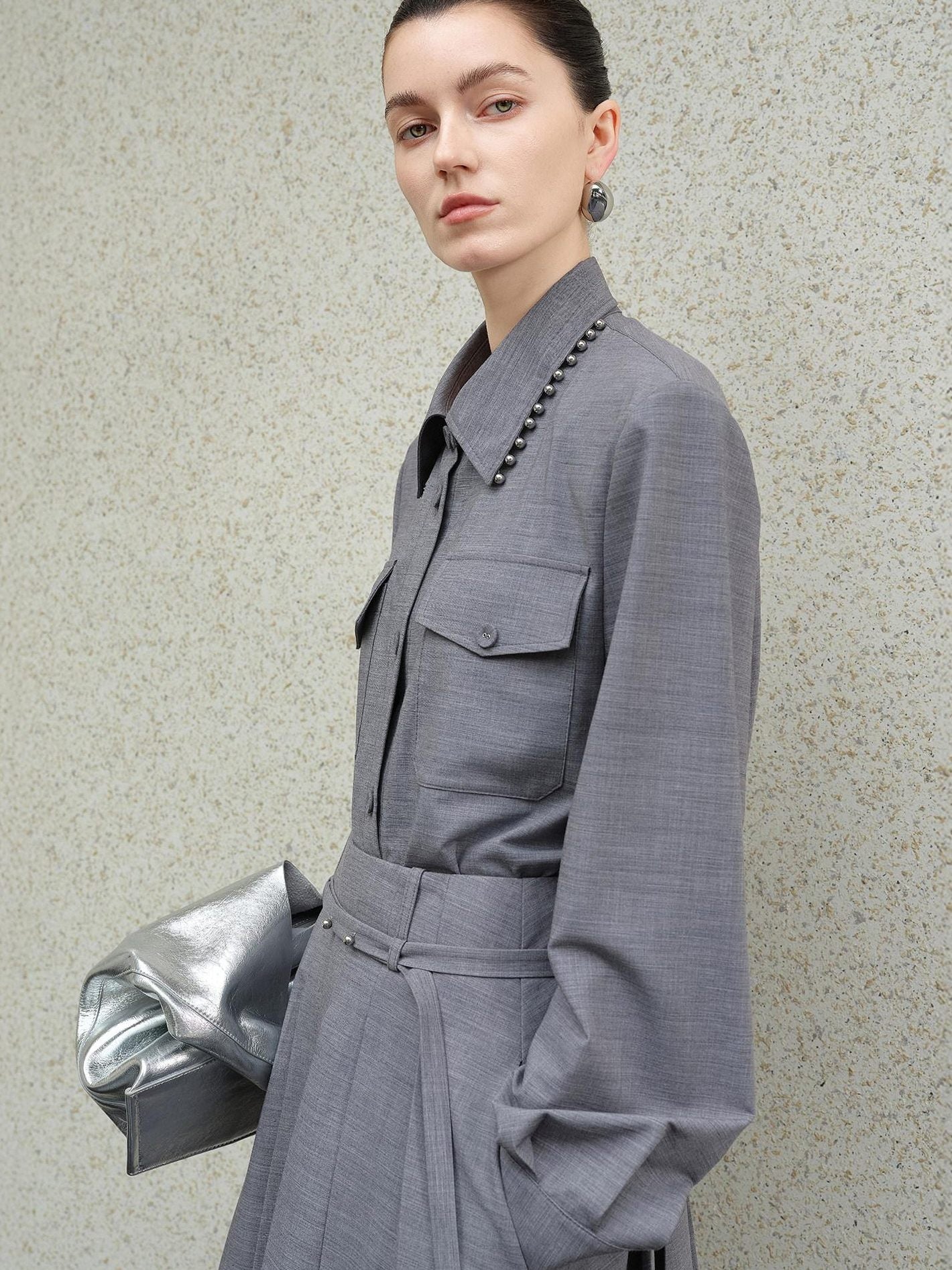 Original Loose Lapel Long Sleeve Open Front Patch Pocket Women Solid Blouses