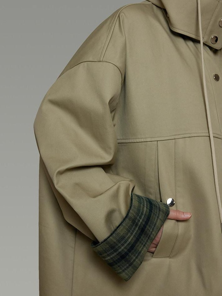 unspoken Breathable Pure Cotton Minimalist Loose Midlength Women Plaid Khaki Trench Coats