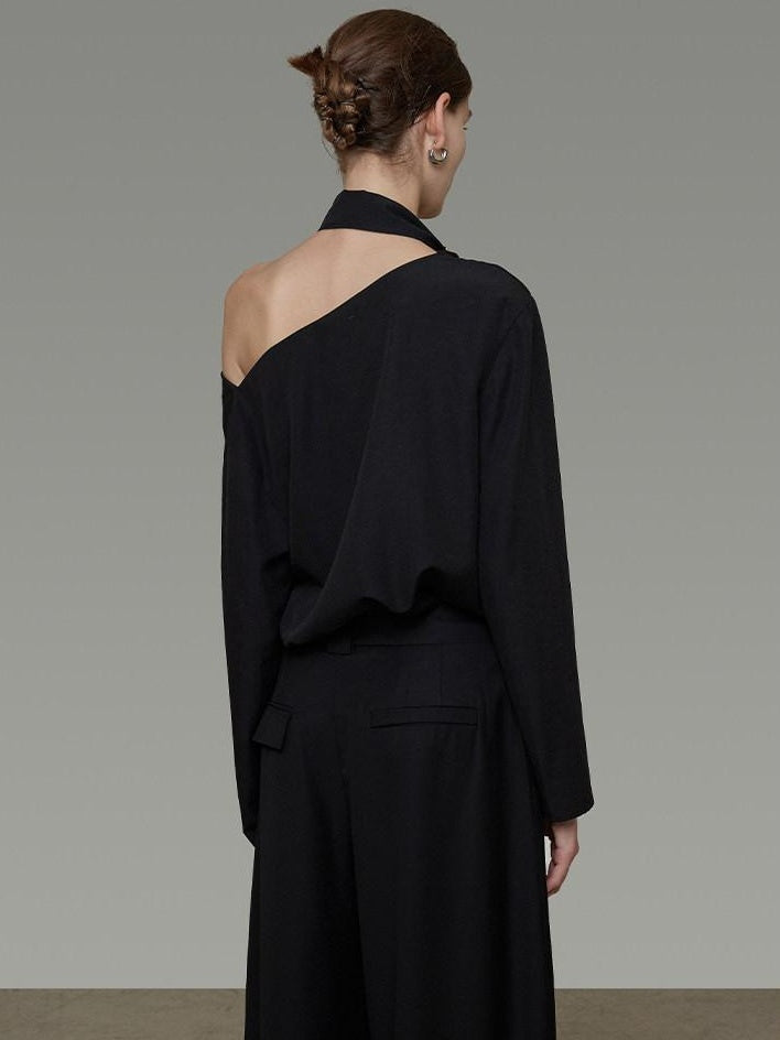 unspoken Breathable Minimalist Loose Fit Ribbon V-neck Office Women Solid Black Blouses