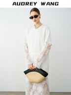 audreyyang Lace Trim Cotton Loose Aline Skirt Short Sleeve Casual Women Top & Skirt Sets