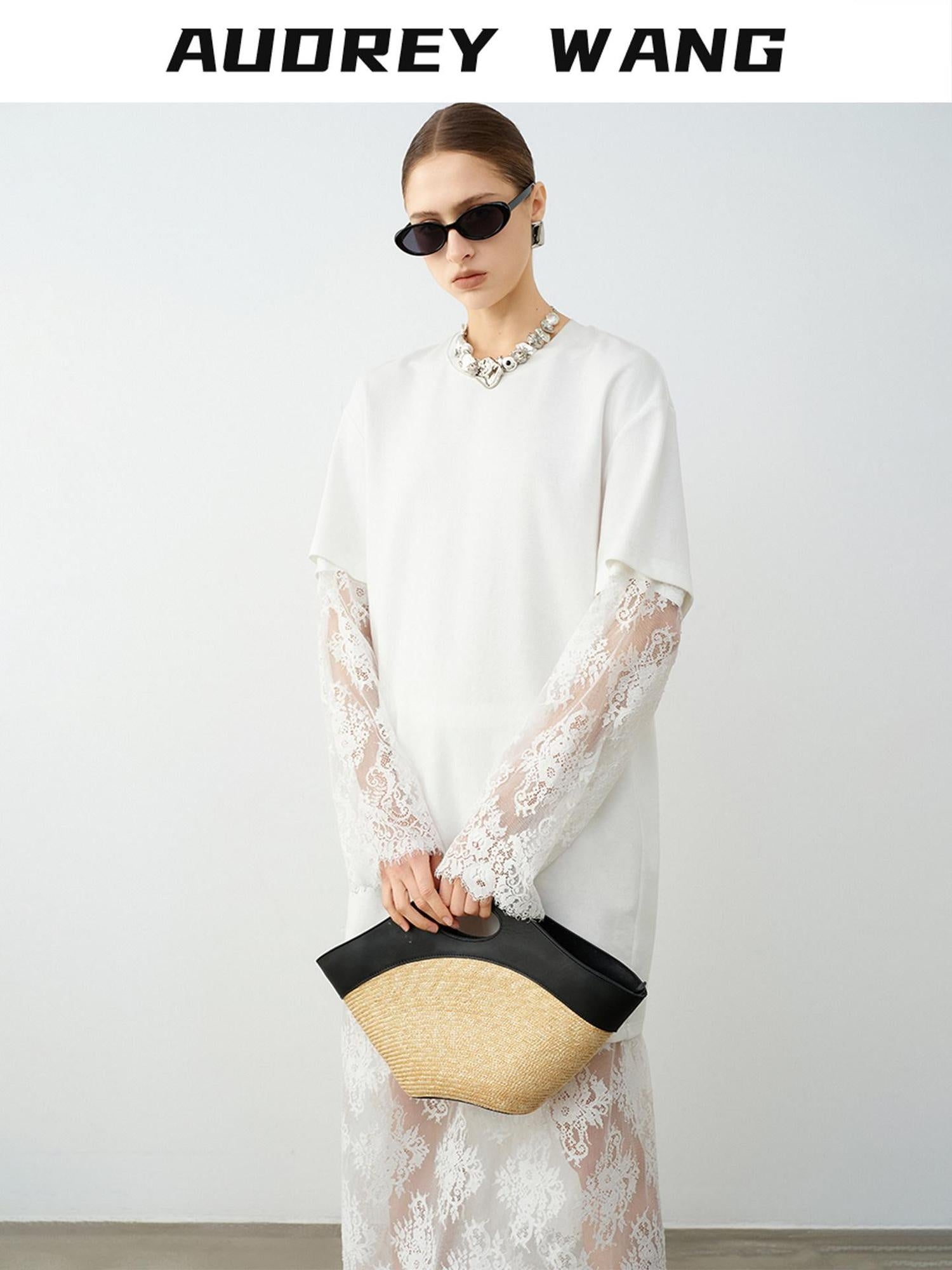 audreyyang Lace Trim Cotton Loose Aline Skirt Short Sleeve Casual Women Top & Skirt Sets
