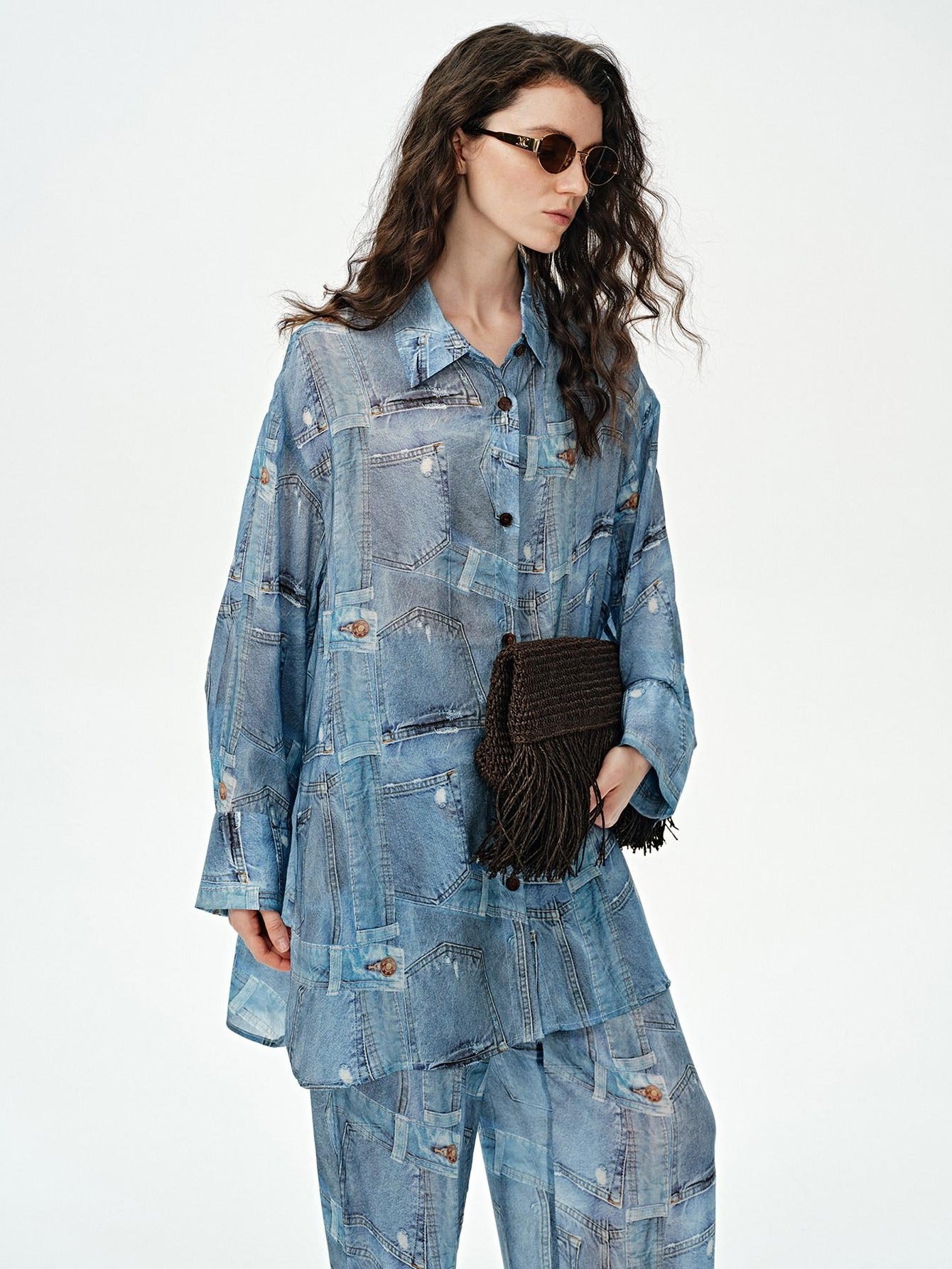 audreyyang Breathable Rayon Loose Fit Lapel Button Floral Denim Top & Pants Sets