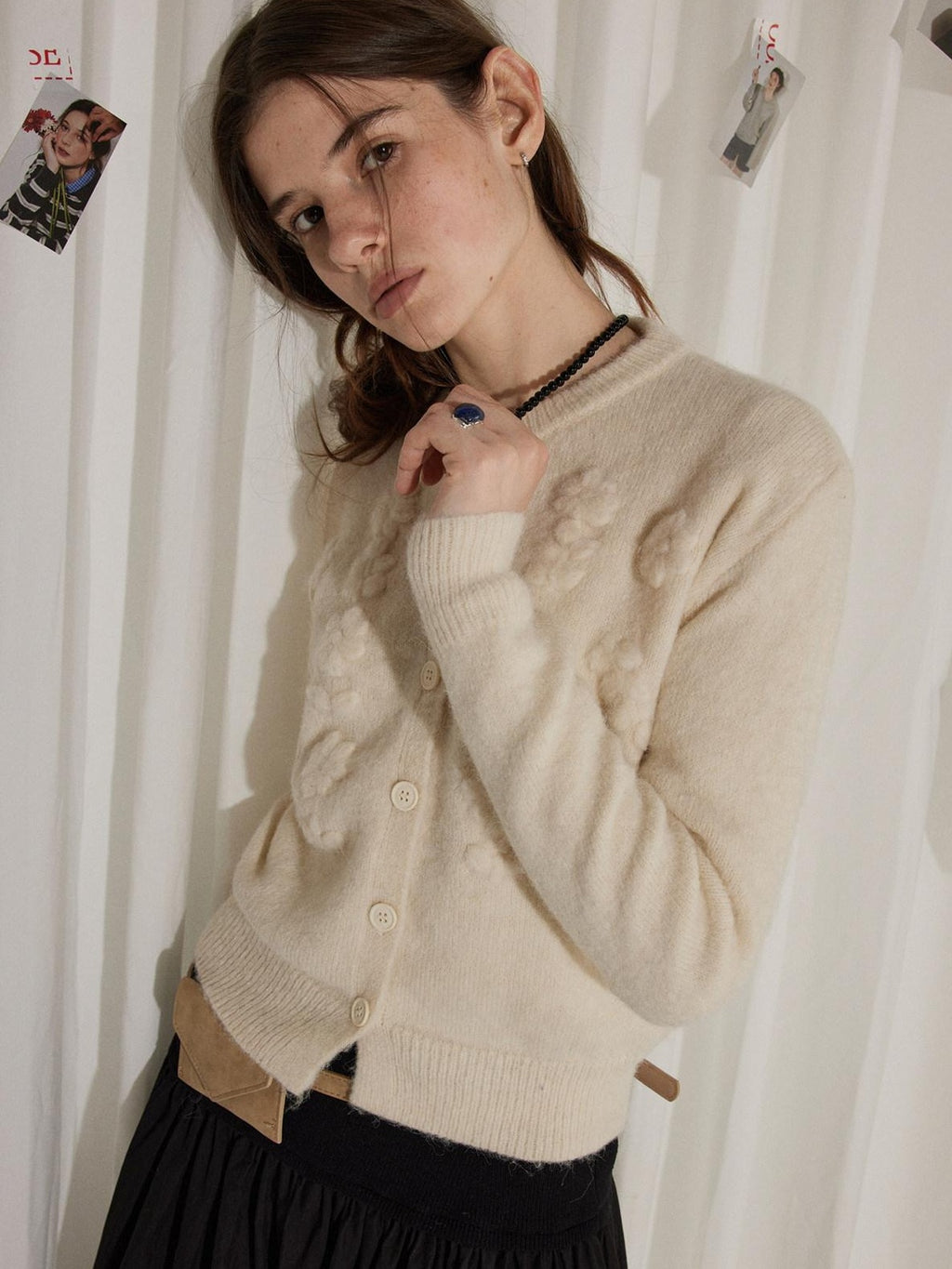 Lofi choose Soft Pearl White Floral Knit Casual Relaxed Button Front Round Neck Women Cardigans
