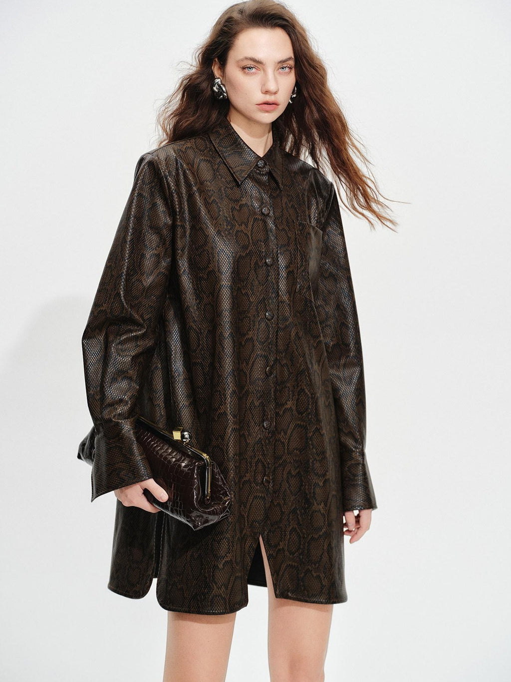 audreyyang Detachable Vintage Snake Print Pu Midlength Relaxed Womens Lapel Leather Jackets