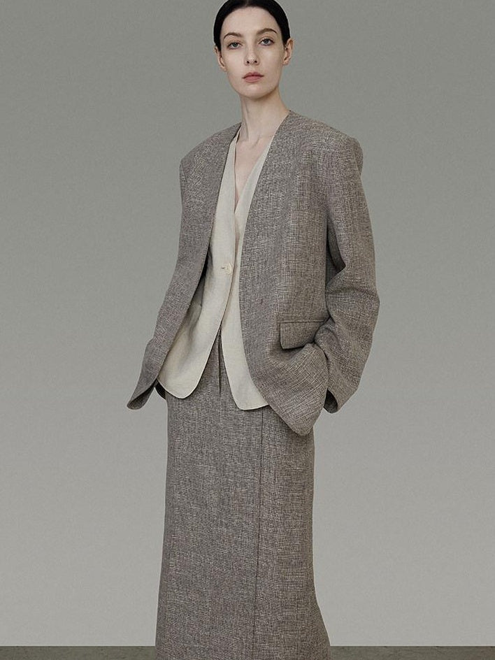 unspoken Minimalist Heather Gray Loose Fit Longsleeve Office Polyester Top & Skirt Sets