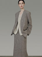 unspoken Minimalist Heather Gray Loose Fit Longsleeve Office Polyester Top & Skirt Sets