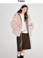 fano Cozy Lotus Pink Plaid Zip Closure Relaxed Loose Fit Womens Outerwear Long Coats