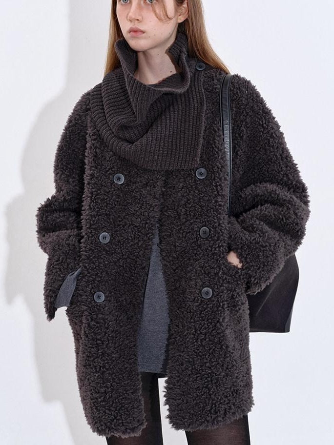 fano Cozy Faux Shearling Lined Loose Fit Double Breasted Midlength Women Long Coats