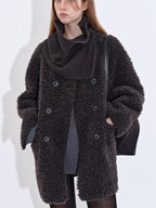 fano Cozy Faux Shearling Lined Loose Fit Double Breasted Midlength Women Long Coats