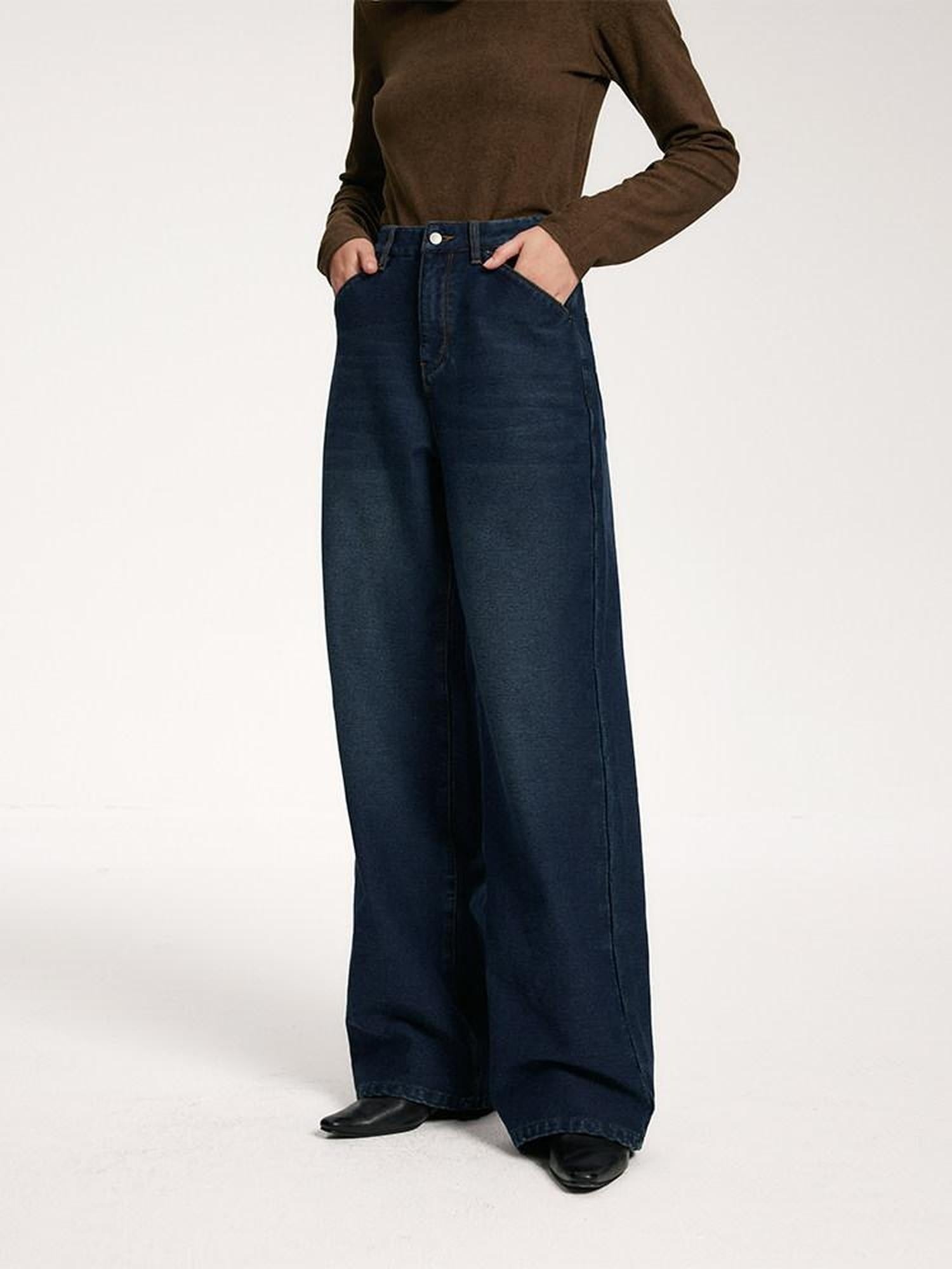 someone sometimes Vintage Blue Natural Waist Relaxed Fit Casual Polyester Wide Leg Jeans