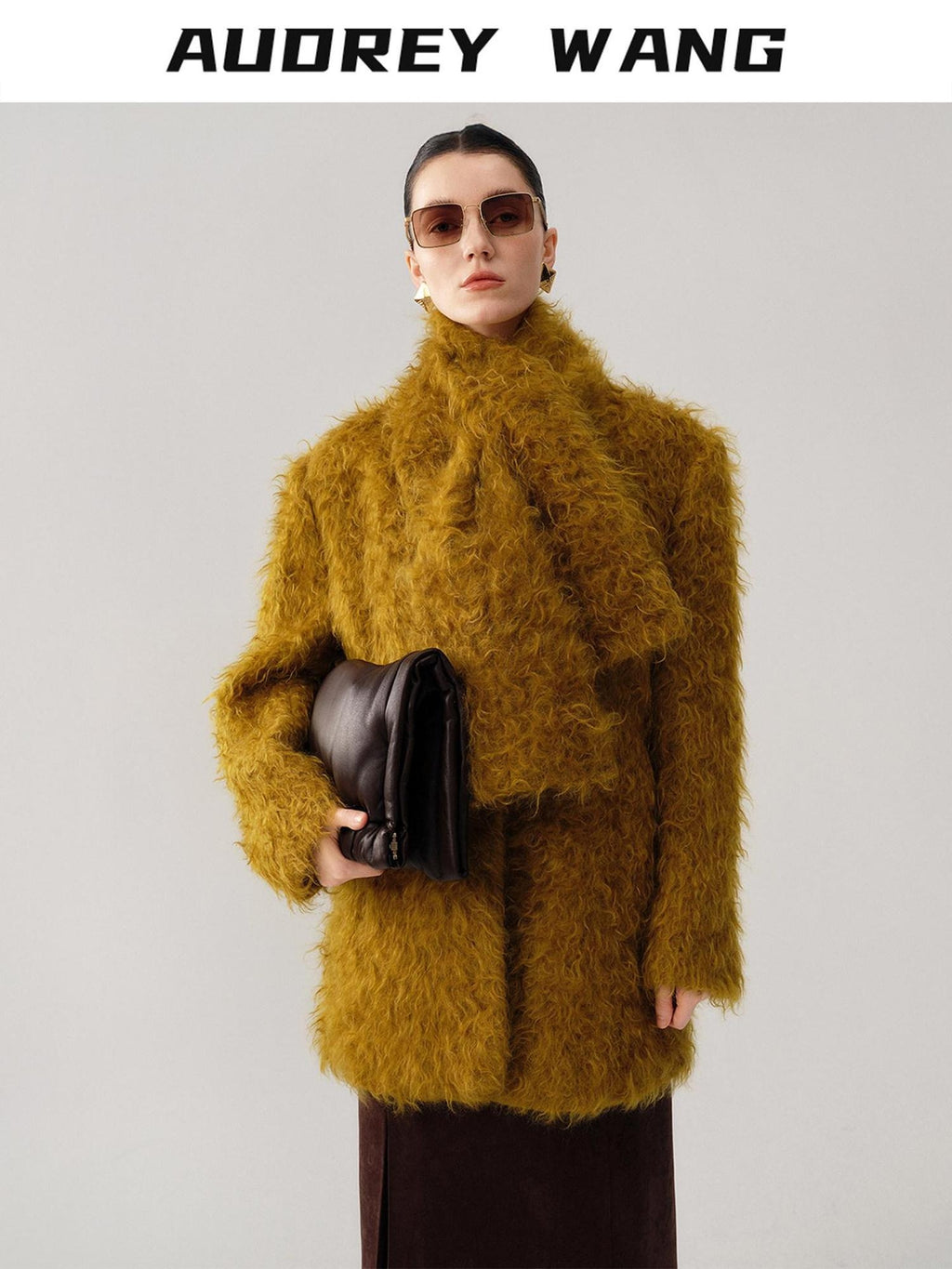 audreyyang Thick Mohair Blend Commuter V-neck For Women Solid Mustard And Grape Wool Coats