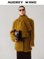 audreyyang Thick Mohair Blend Commuter V-neck For Women Solid Mustard And Grape Wool Coats