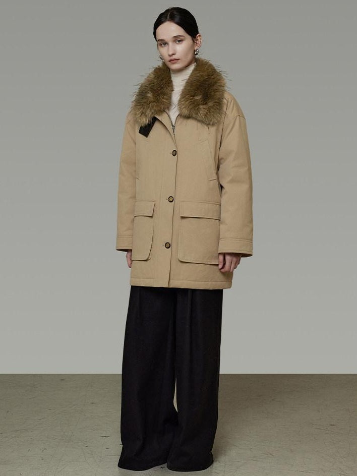 unspoken Thick Cotton Oversized Midlength Single Breasted Khaki Puffer Jackets