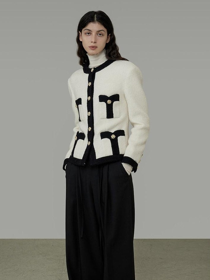 unspoken Black White Colorblock Office Loose Cropped Round Neck Buttoned Knit Cardigans