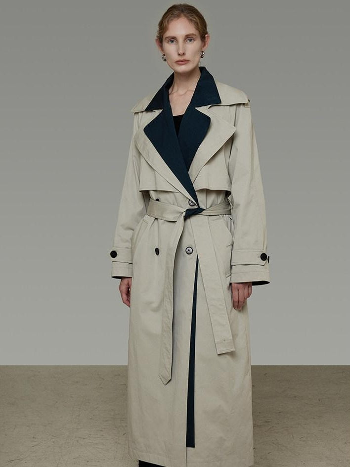 unspoken Minimalist Double Breasted Long Straight Workwear Beige Navy Trench Coats