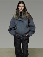 unspoken Deep Gray Cotton Zip Fur Collar Relaxed Commuter Insulated Puffer Jackets