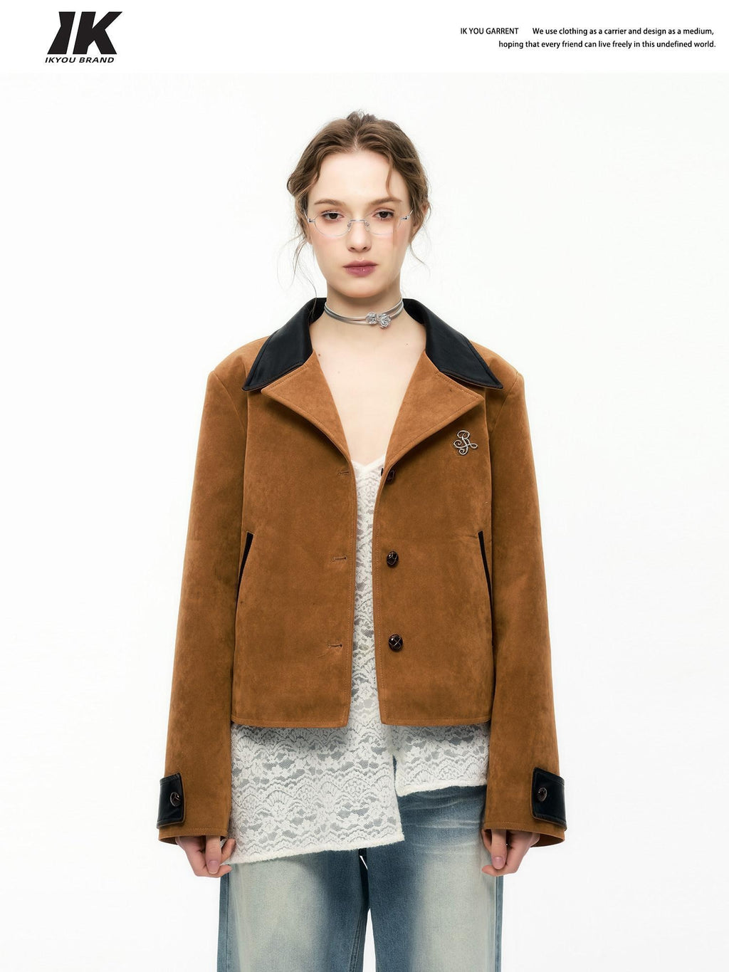 ikyou Non Iron 3D Embellished Straight Fit Commuter Notch Lapel Brown Cropped Jackets