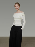 unspoken Soft Breathable Knit One Shoulder Slim Fit Office White Long Sleeve Blouses