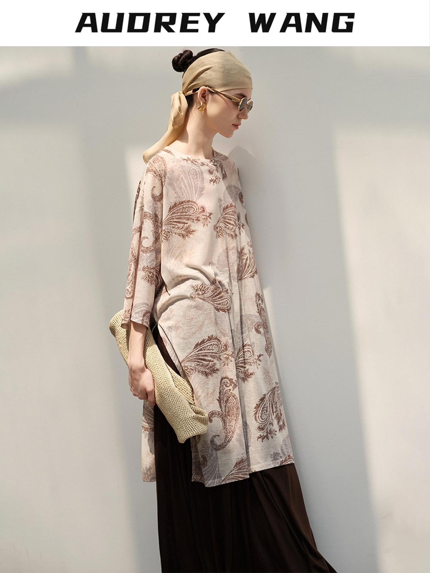 audreyyang Light Commuter Loose Paisley Print Round Neck Women Long Sleeve T-Shirts