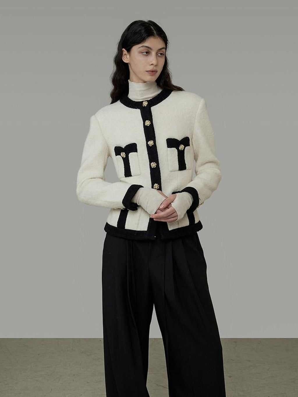 unspoken Black White Colorblock Office Loose Cropped Round Neck Buttoned Knit Cardigans