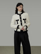 unspoken Black White Colorblock Office Loose Cropped Round Neck Buttoned Knit Cardigans