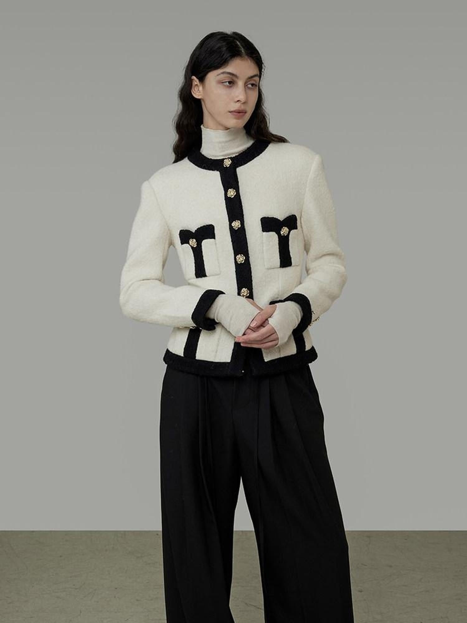 unspoken Black White Colorblock Office Loose Cropped Round Neck Buttoned Knit Cardigans